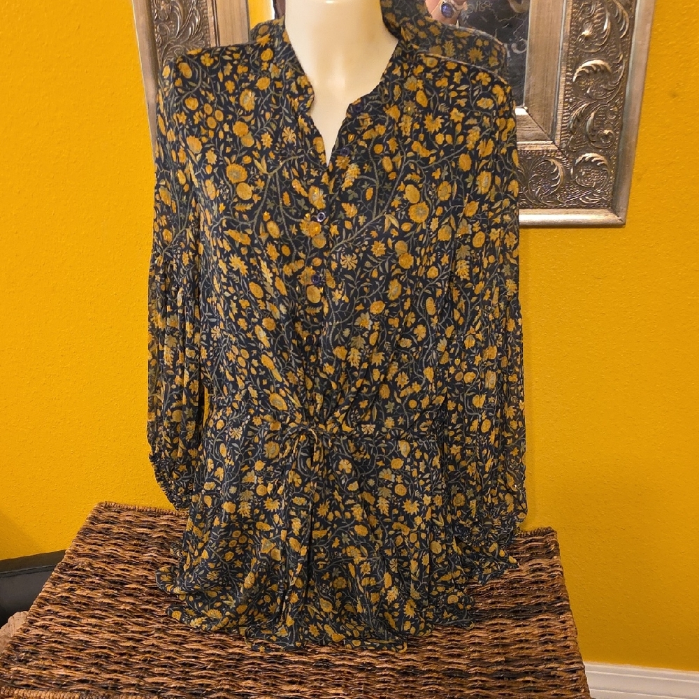 Olivaceous Navy and Gold Floral Blouse